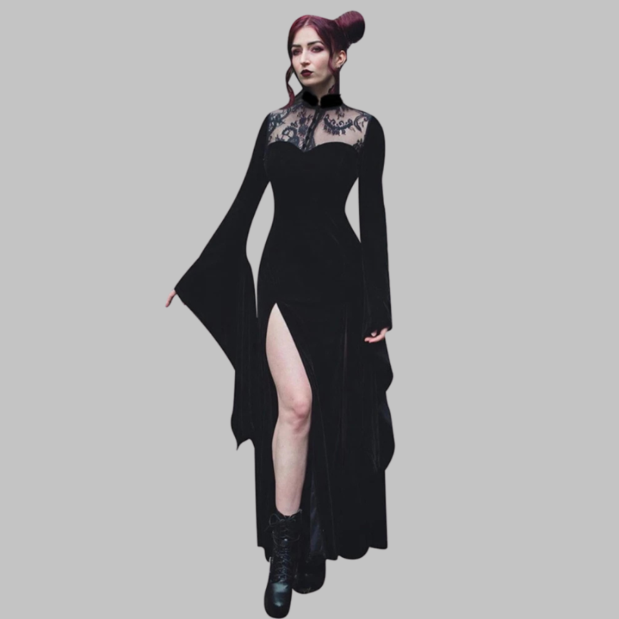 Long Black Gothic Dress with Lace and High Slit