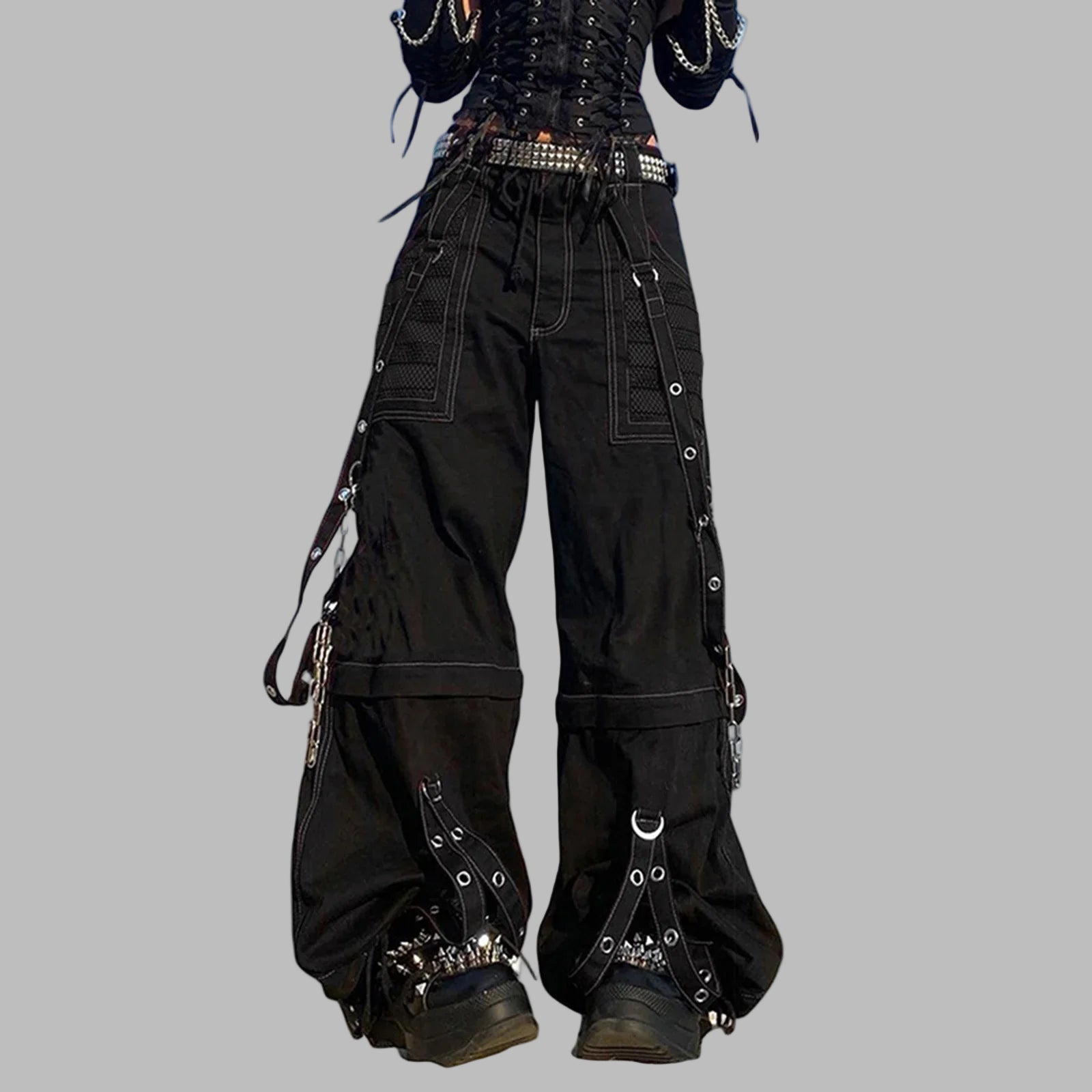 Black Punk Metal Cargo Pants with Chains and Studs | Gotyka