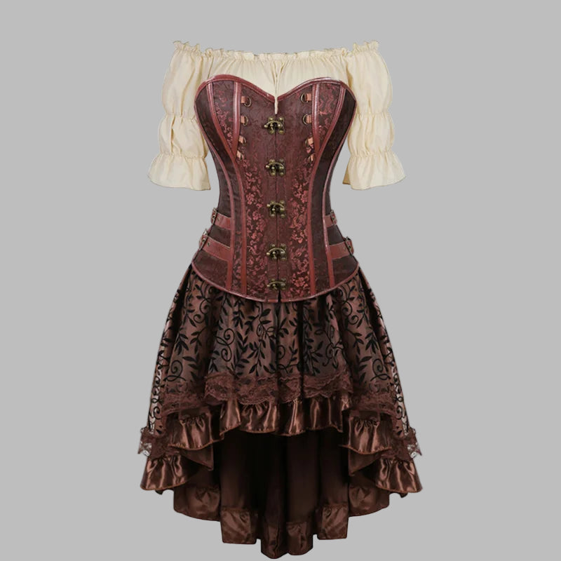 Steampunk Dress with Burgundy Corset and Lace Skirt