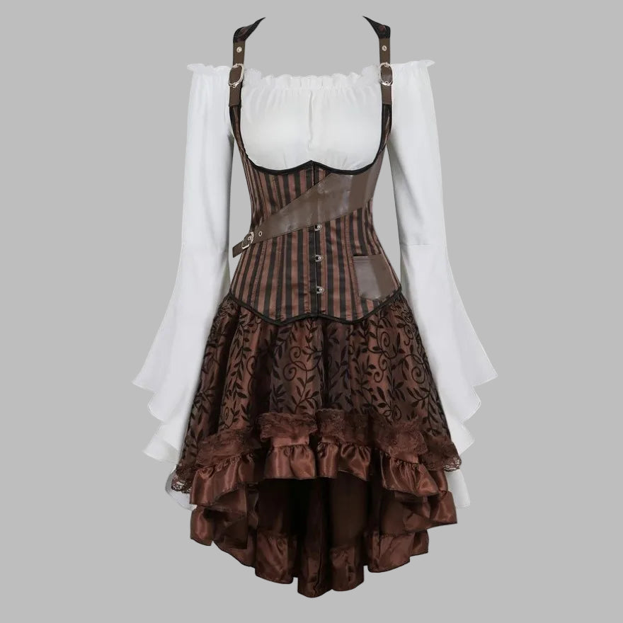 Steampunk Set Brown Striped Corset Dress with Lace Skirt