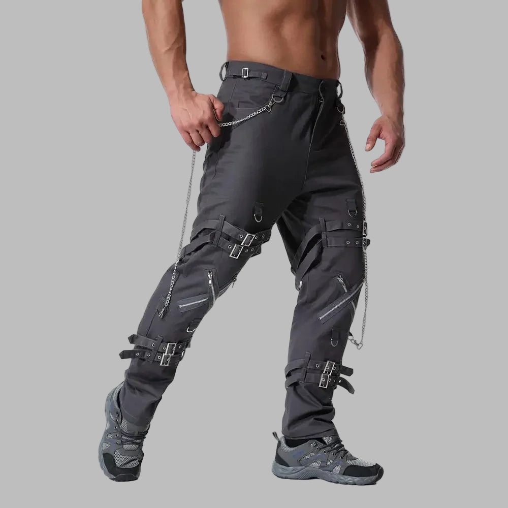 Black Metal Rock Pants with Chains and Buckles | Gotyka