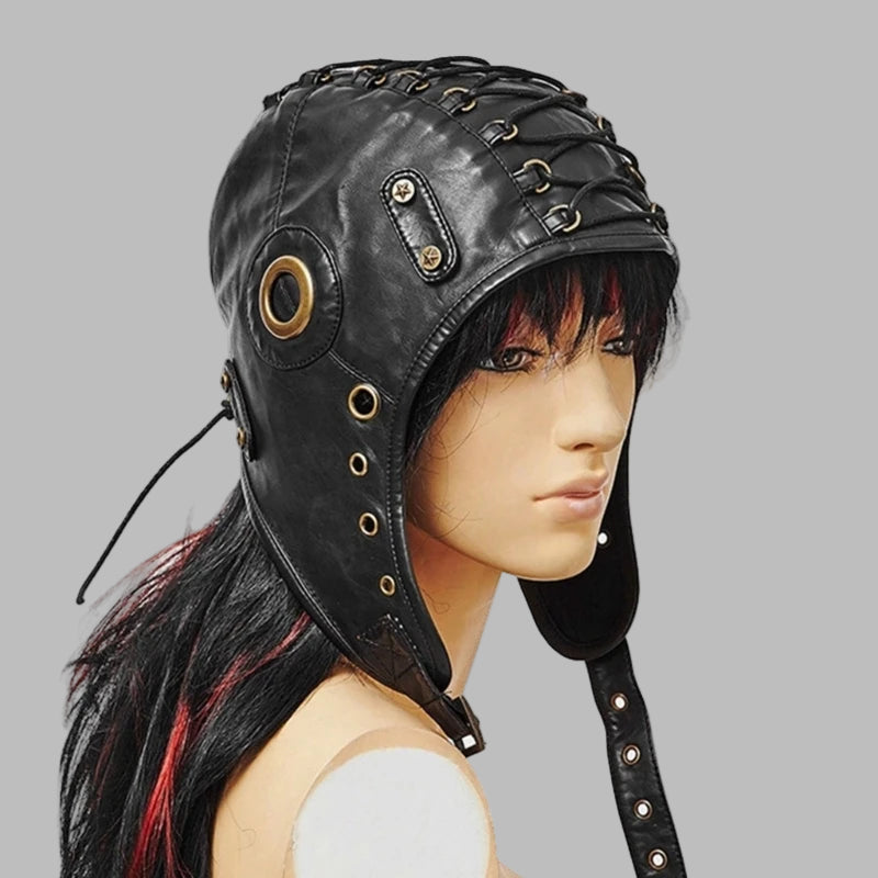 Black Steampunk Leather Helmet with Studs and Eyelets Industrial | Gotyka