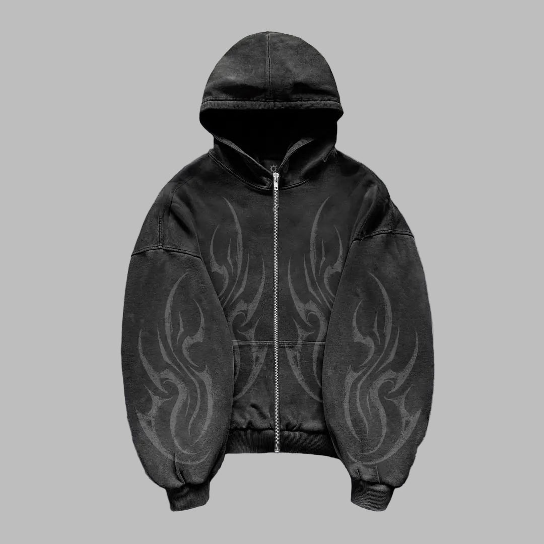 Black Oversized Full Zip Hoodie with Flames Darkwear | Gotyka
