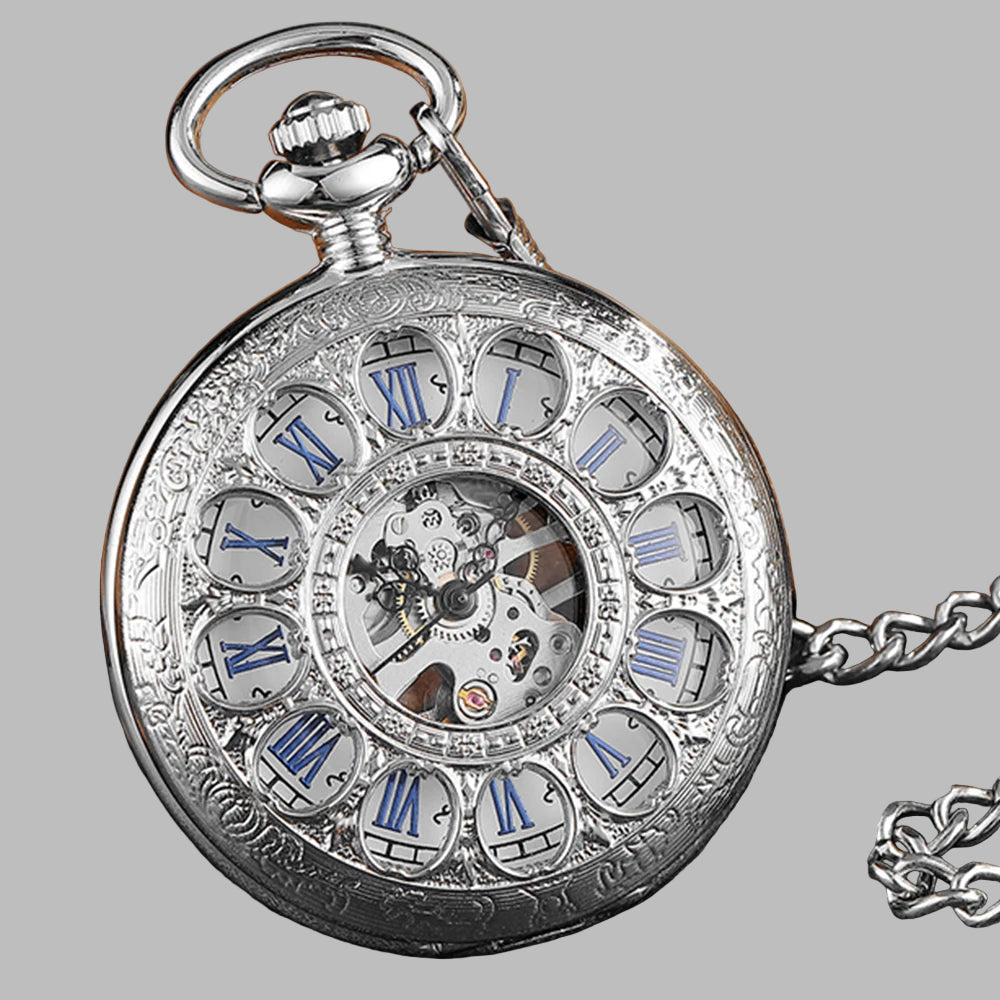 Steampunk Silver Mechanical Pocket Watch with Chain | Gotyka