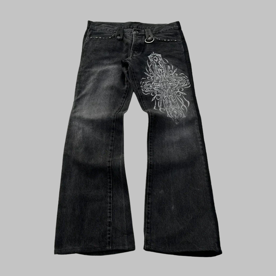 Grunge Flared Jeans with Distressing and Gothic Embroidery | Gotyka